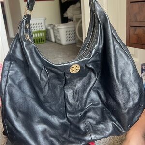 Tory Burch Black Leather Shoulder Bag with Gold Accents